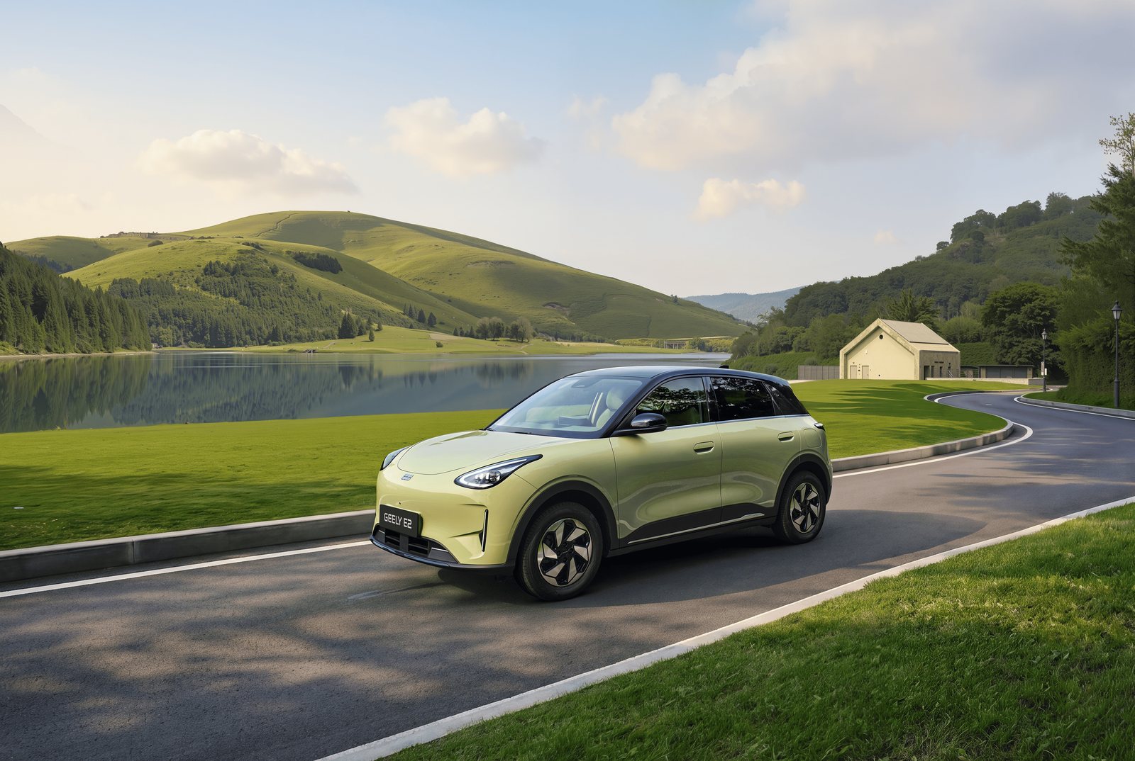 Geely E2 auf einer Landstraße am See