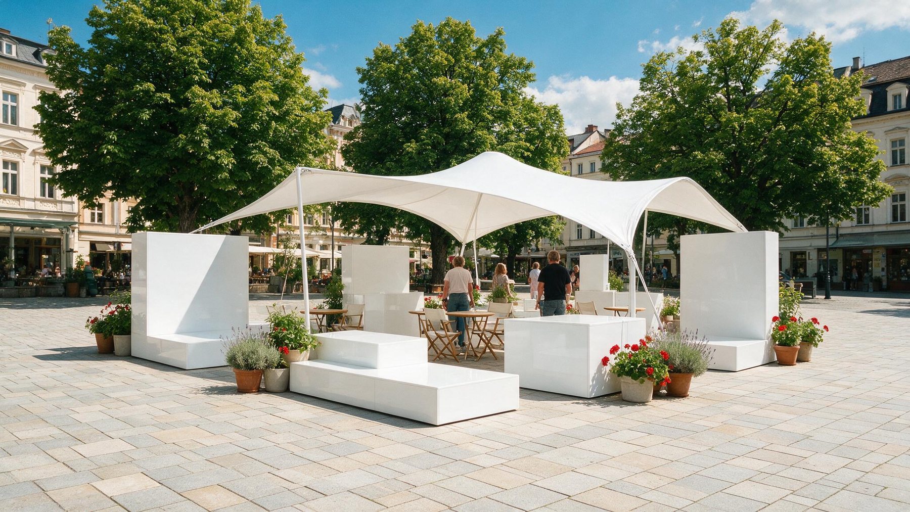 Präsentationsstand auf einem Stadtplatz