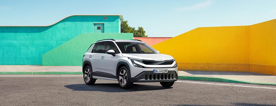 Der Škoda Epiq in Silber, Frontansicht