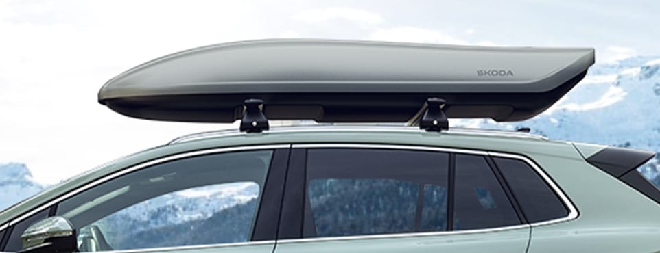 Silberne Škoda Dachbox auf einem Fahrzeugdach