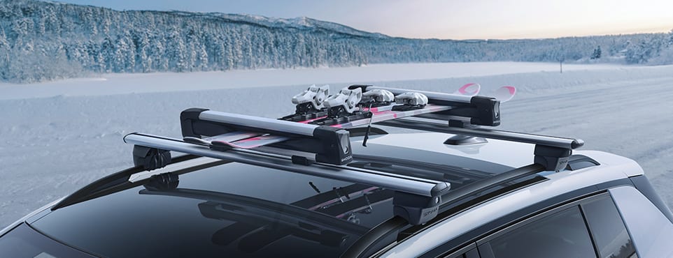 Ski- und Snowboardträger mit Skiern auf einem Fahrzeugdach