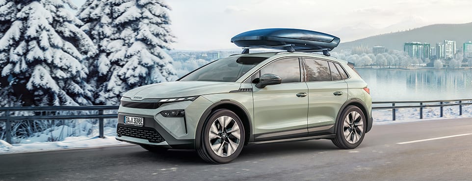 Škoda mit Dachbox an einem verschneiten Seeufer