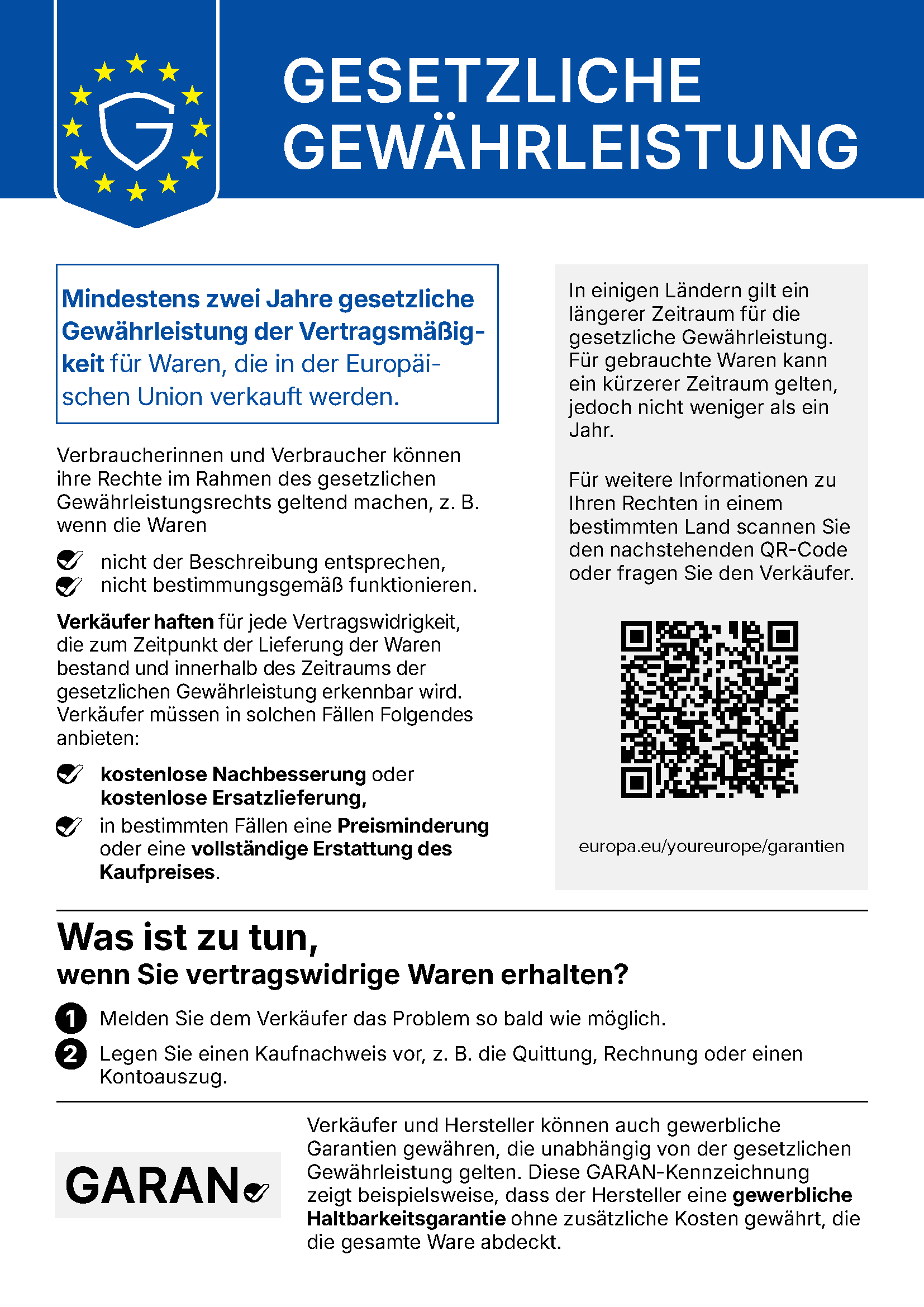 Amtlicher EU-Hinweis „Gesetzliche Gewährleistung“